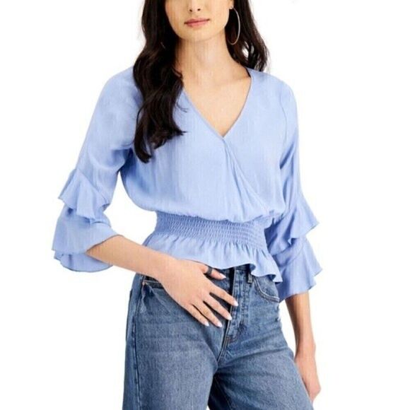Just Polly Juniors Smocked-Waist Top,Denim, long sleve shirt Medium - Picture 1 of 7